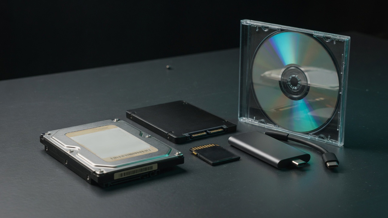 Hard drive, SSD, SD card, portable SSD and optical disc on a dark desk